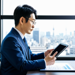 **

A professional-looking Japanese man in his late 30s, wearing a modern business suit, sitting at a clean desk in a bright, minimalist office. He is confidently reviewing a document on a tablet. Behind him, a blurred cityscape of Tokyo is visible through a large window. The overall image should convey success and career progression. The document on the tablet references "IT Skills Upgrade Program" in Japanese. Safe for work, appropriate content, fully clothed, professional, perfect anatomy, correct proportions, natural pose, well-formed hands, proper finger count, natural body proportions, high quality.

**