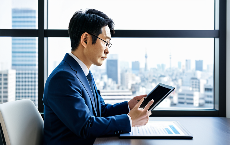 **

A professional-looking Japanese man in his late 30s, wearing a modern business suit, sitting at a clean desk in a bright, minimalist office. He is confidently reviewing a document on a tablet. Behind him, a blurred cityscape of Tokyo is visible through a large window. The overall image should convey success and career progression. The document on the tablet references "IT Skills Upgrade Program" in Japanese. Safe for work, appropriate content, fully clothed, professional, perfect anatomy, correct proportions, natural pose, well-formed hands, proper finger count, natural body proportions, high quality.

**