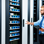 A skilled IT professional in a modern office environment, configuring a server rack, fully clothed in appropriate business attire, surrounded by networking equipment, perfect anatomy, correct proportions, safe for work, professional, high quality image.