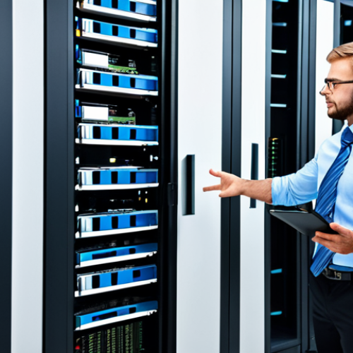 A skilled IT professional in a modern office environment, configuring a server rack, fully clothed in appropriate business attire, surrounded by networking equipment, perfect anatomy, correct proportions, safe for work, professional, high quality image.