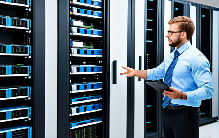 A skilled IT professional in a modern office environment, configuring a server rack, fully clothed in appropriate business attire, surrounded by networking equipment, perfect anatomy, correct proportions, safe for work, professional, high quality image.