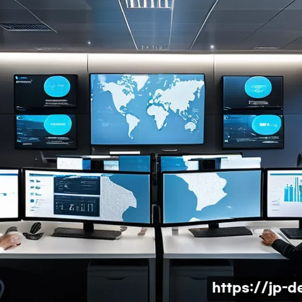 정보기기운용 실무와 연계된 보안 관리 기술 - A modern Japanese office environment focused on network security operations, showing a diverse team ...