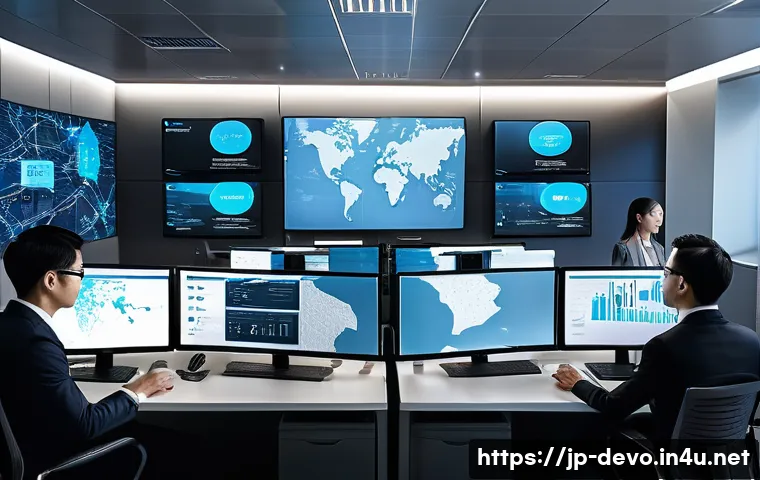 정보기기운용 실무와 연계된 보안 관리 기술 - A modern Japanese office environment focused on network security operations, showing a diverse team ...