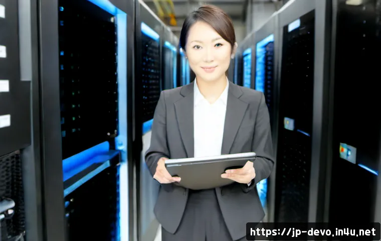 정보기기운용 자격증 취득 후 데이터센터 경력 전환 - Photorealistic Japanese IT professional in their 30s transitioning into a data center career, standi...