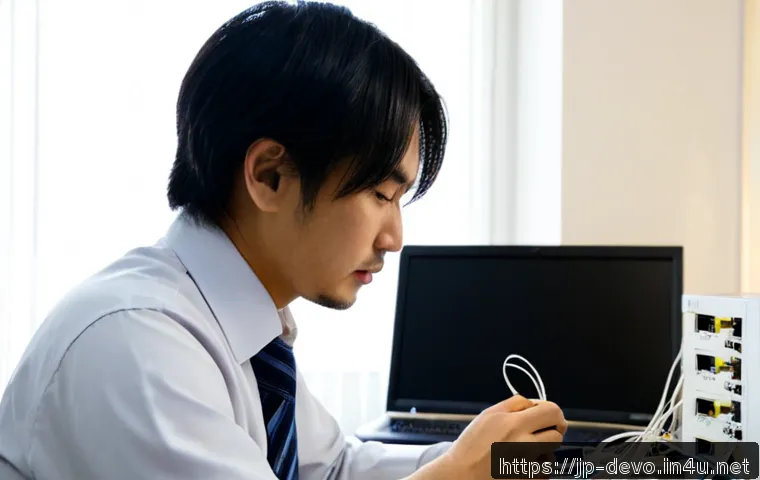 정보기기운용 실무에서 자주 발생하는 장애와 해결법 - Photorealistic IT support technician troubleshooting a network outage in a clean Japanese office, ca...